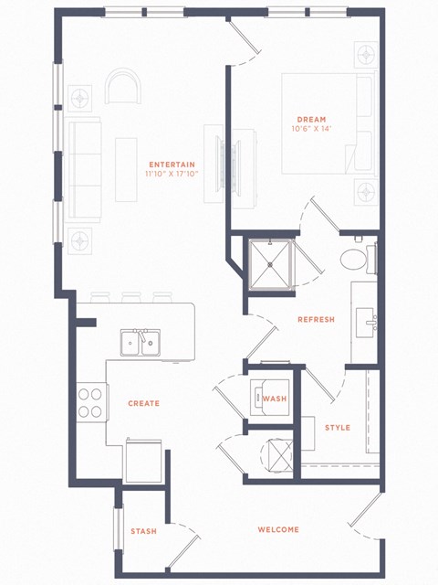 Floor plan for 1 bed, 1 bath, 688 sqft